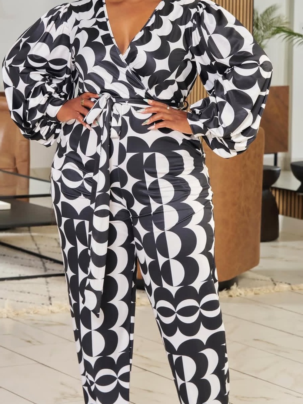 Wrap-Front Black & White Geometric Jumpsuit